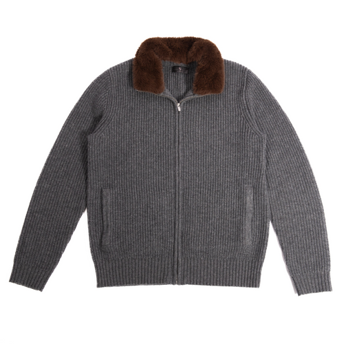 Merino Fur Collar Cardigan | Charcoal