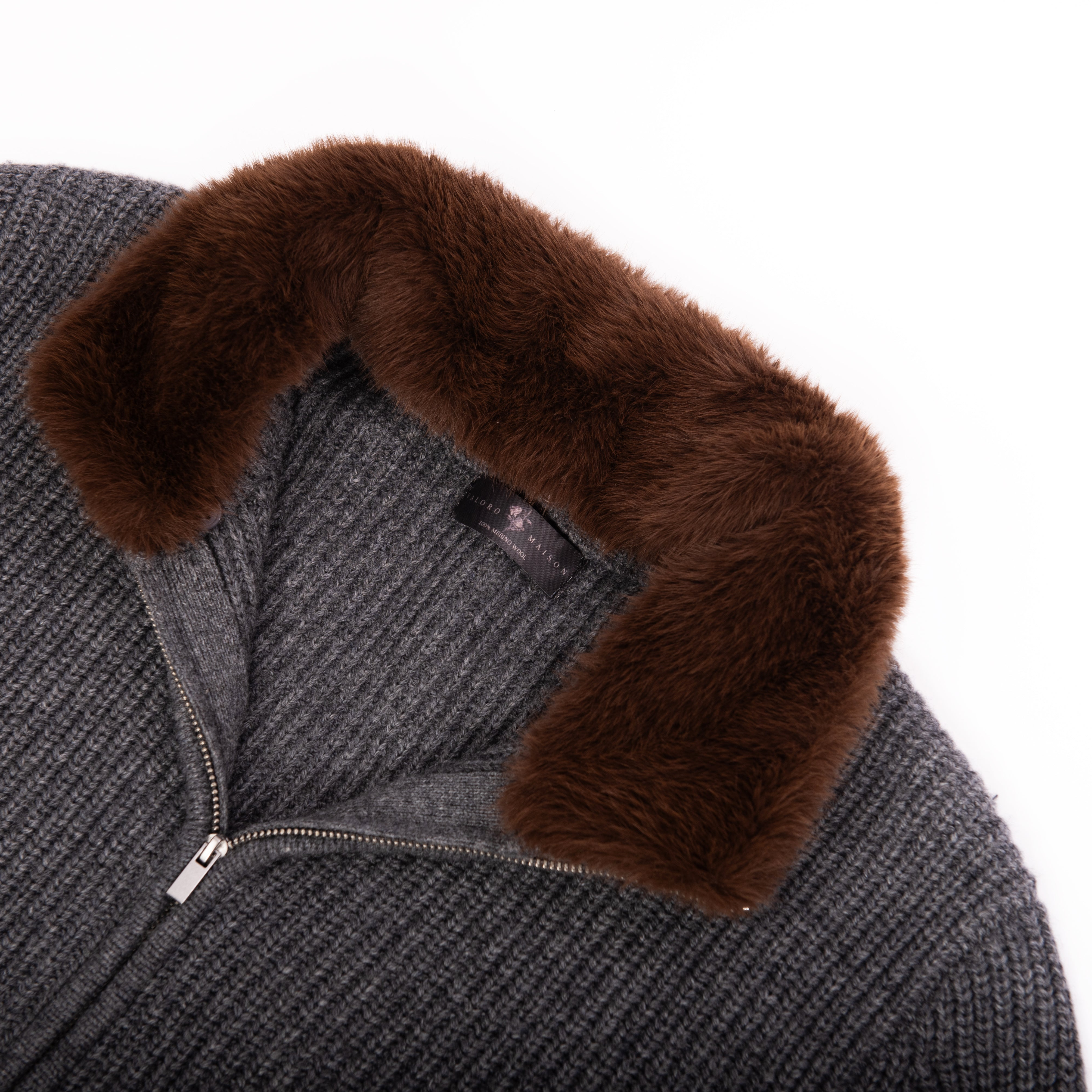 Merino Fur Collar Cardigan | Charcoal